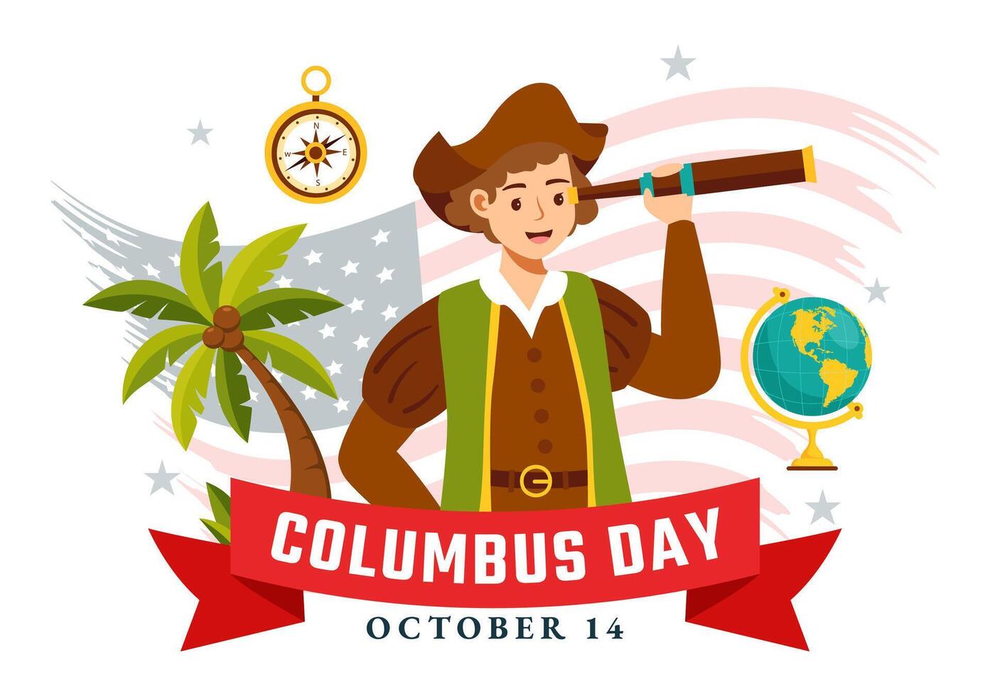 Columbus Day with American Flag and Ship in Cartoon Flat Style Background vector