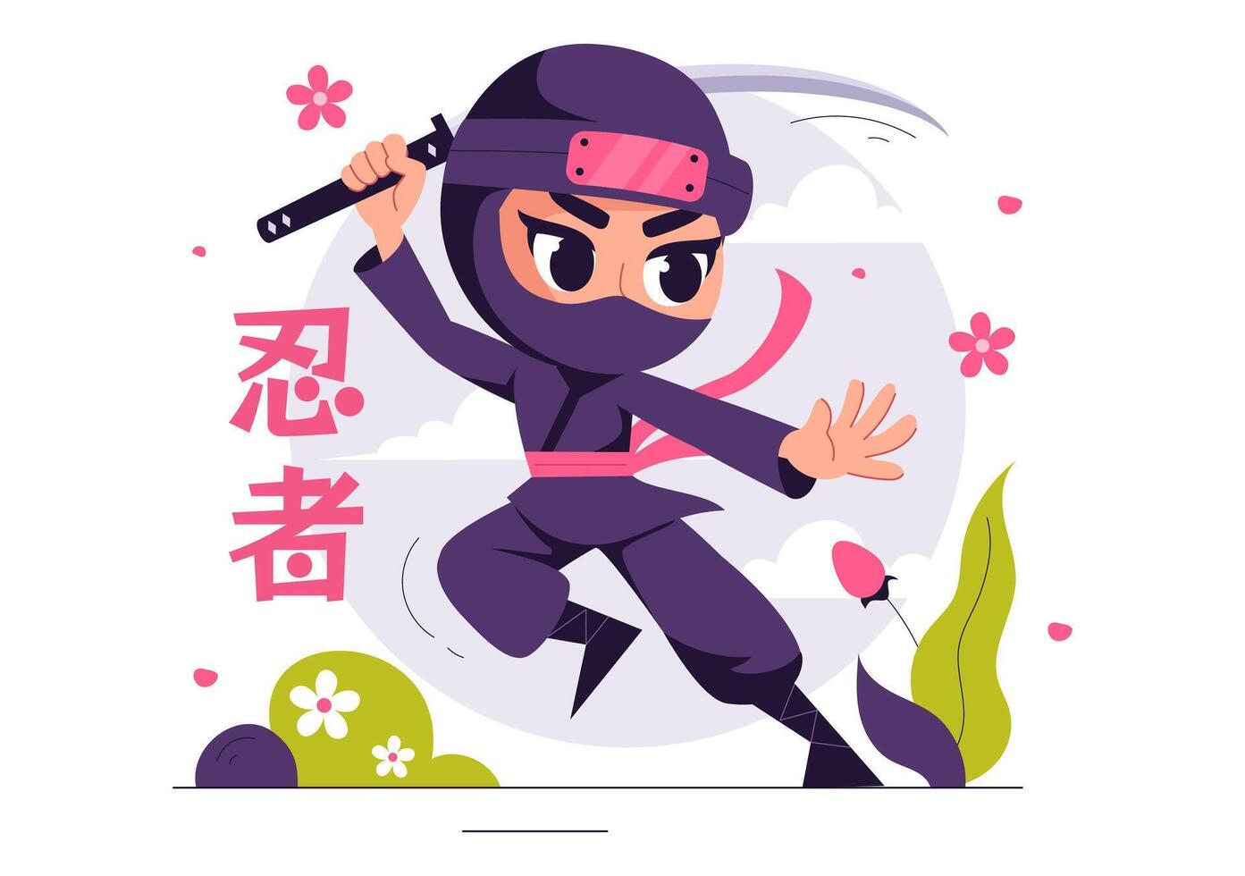 Ninja Shinobi Illustration in a Flat Style Japan-inspired Background vector