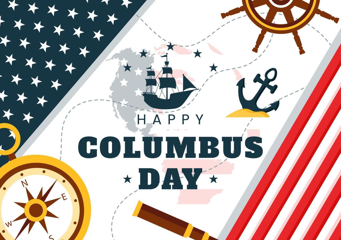 Cartoon of Columbus Day with American Flag and Historic Ship in Flat Style vector