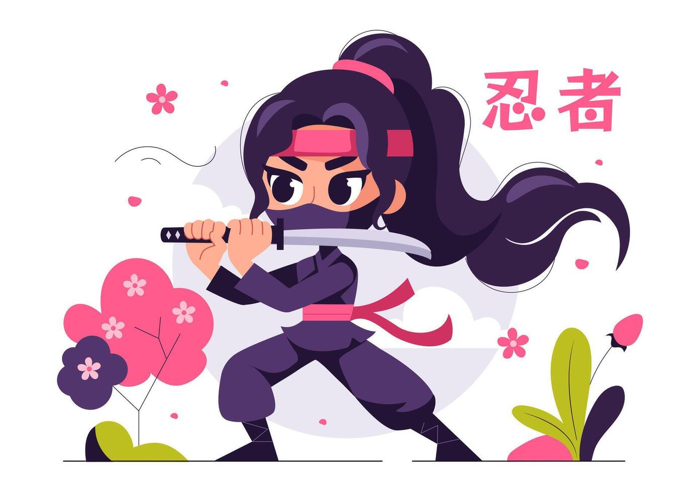 Flat Style of Japanese Ninja Character in Cartoon Background vector