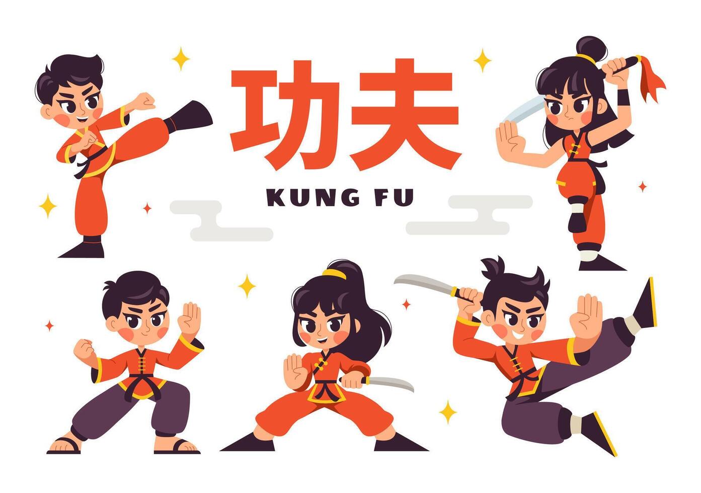 Kung Fu Fighters Demonstrating Chinese Martial Arts in a Flat Style Illustration vector