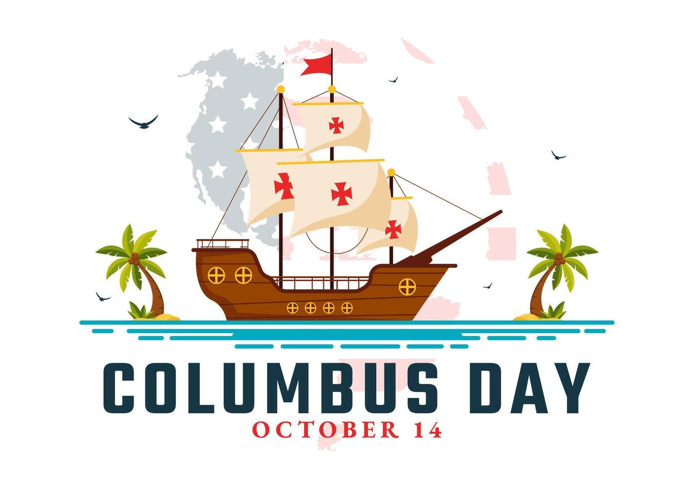 Illustration for Columbus Day with American Flag and Historic Ship in Flat Style vector