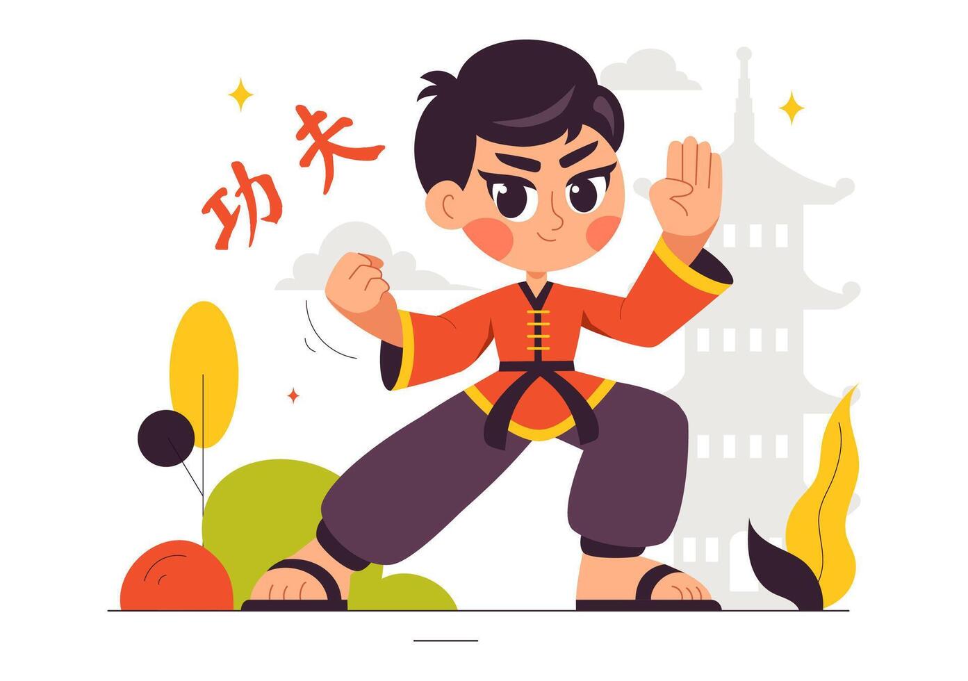 Chinese Martial Art Kung Fu in Action with People in Flat Style Illustration vector