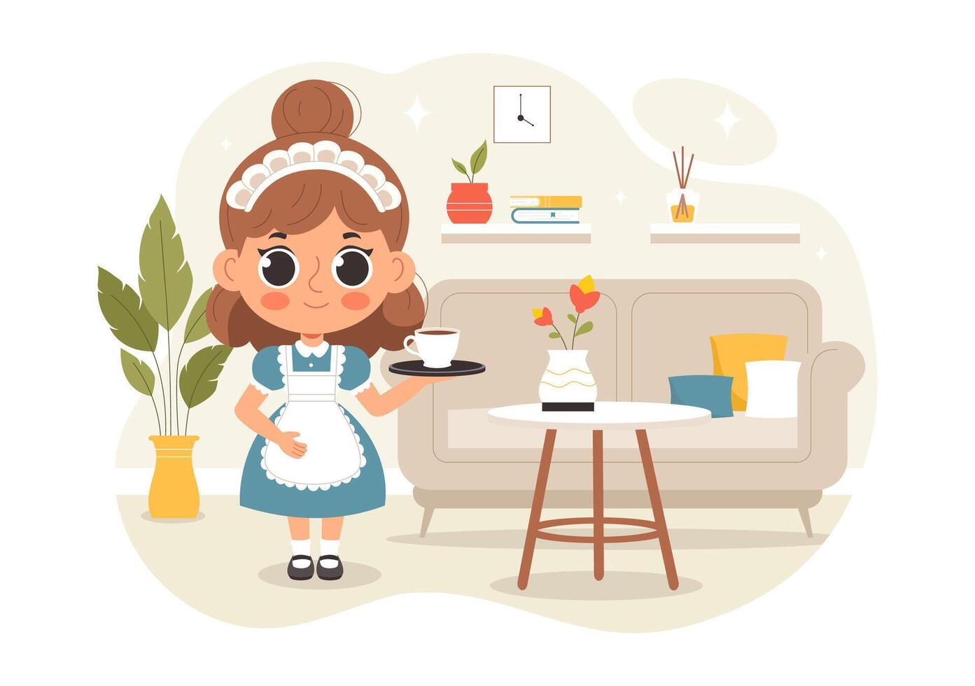 Cleaning Lady Illustration Featuring a Housekeeper in Uniform Working in a Cartoon Background vector