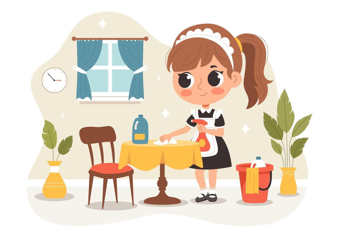 Cleaning Service Employee Illustration of a Maid in Apron Performing Housework in a Cartoon Setting vector