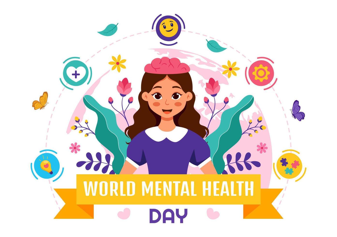 World Mental Health Day Flat Illustration with Brain, and Flowers vector