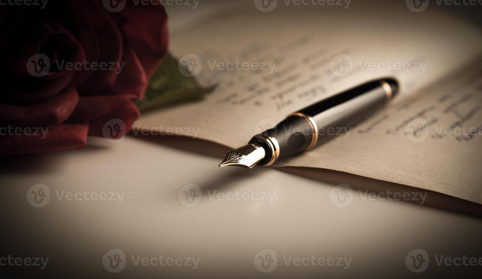 fountain pen on text sheet paper with rose photo
