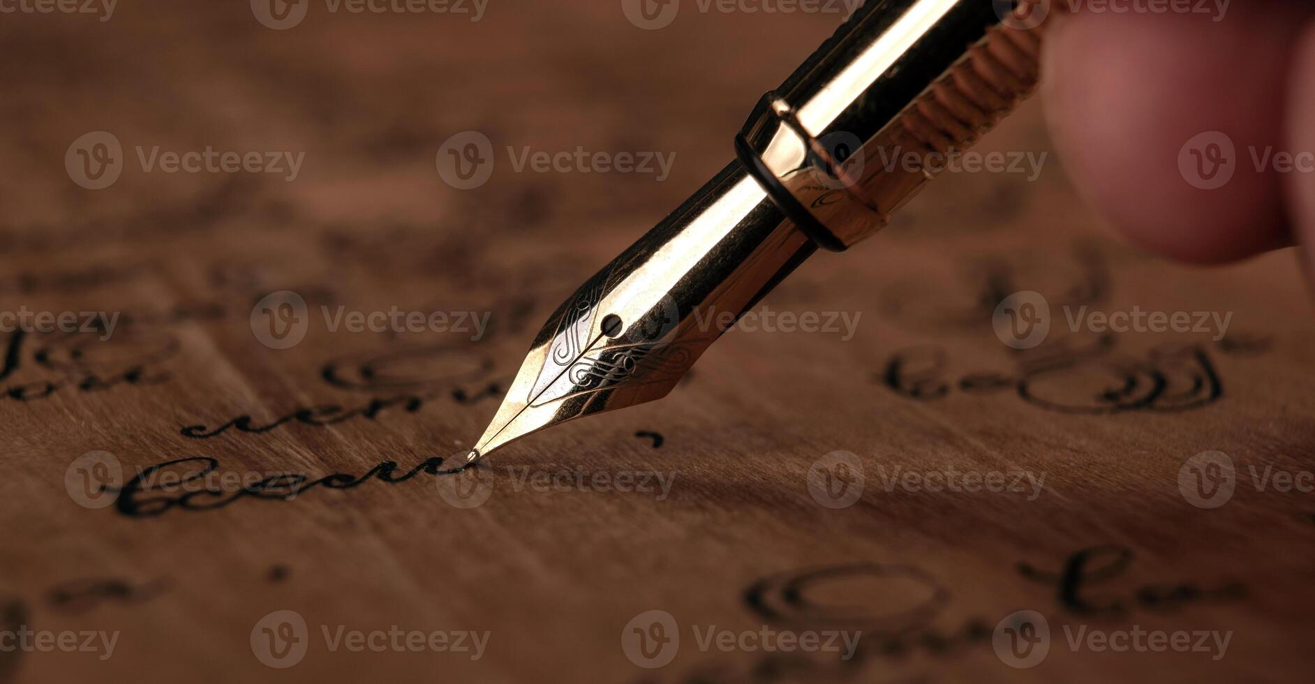 fountain pen in the hand with paper with ink text on the wooden desk photo