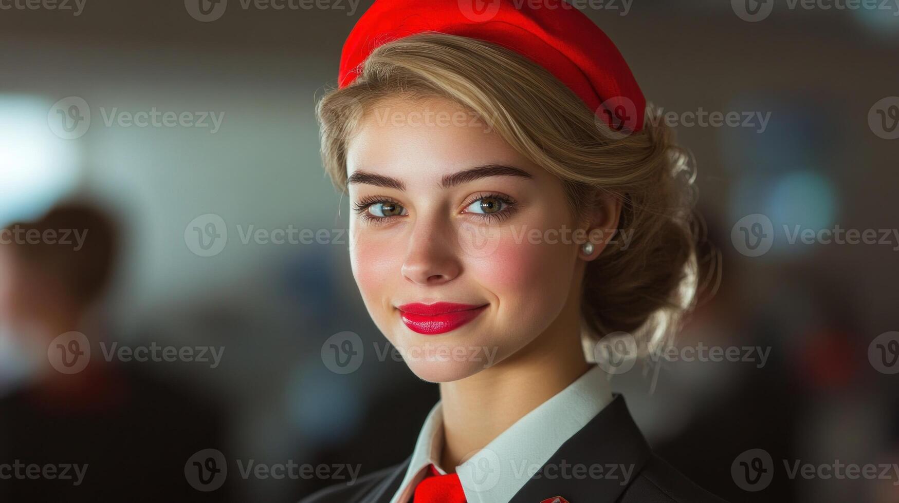 A young flight attendant in a sleek uniform offers a friendly smile to travelers in a bustling airport terminal photo