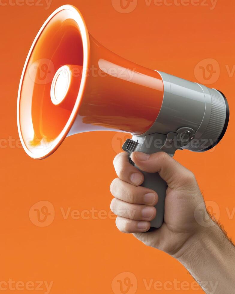 A person grips an orange megaphone, ready to make an important announcement against a striking backdrop photo