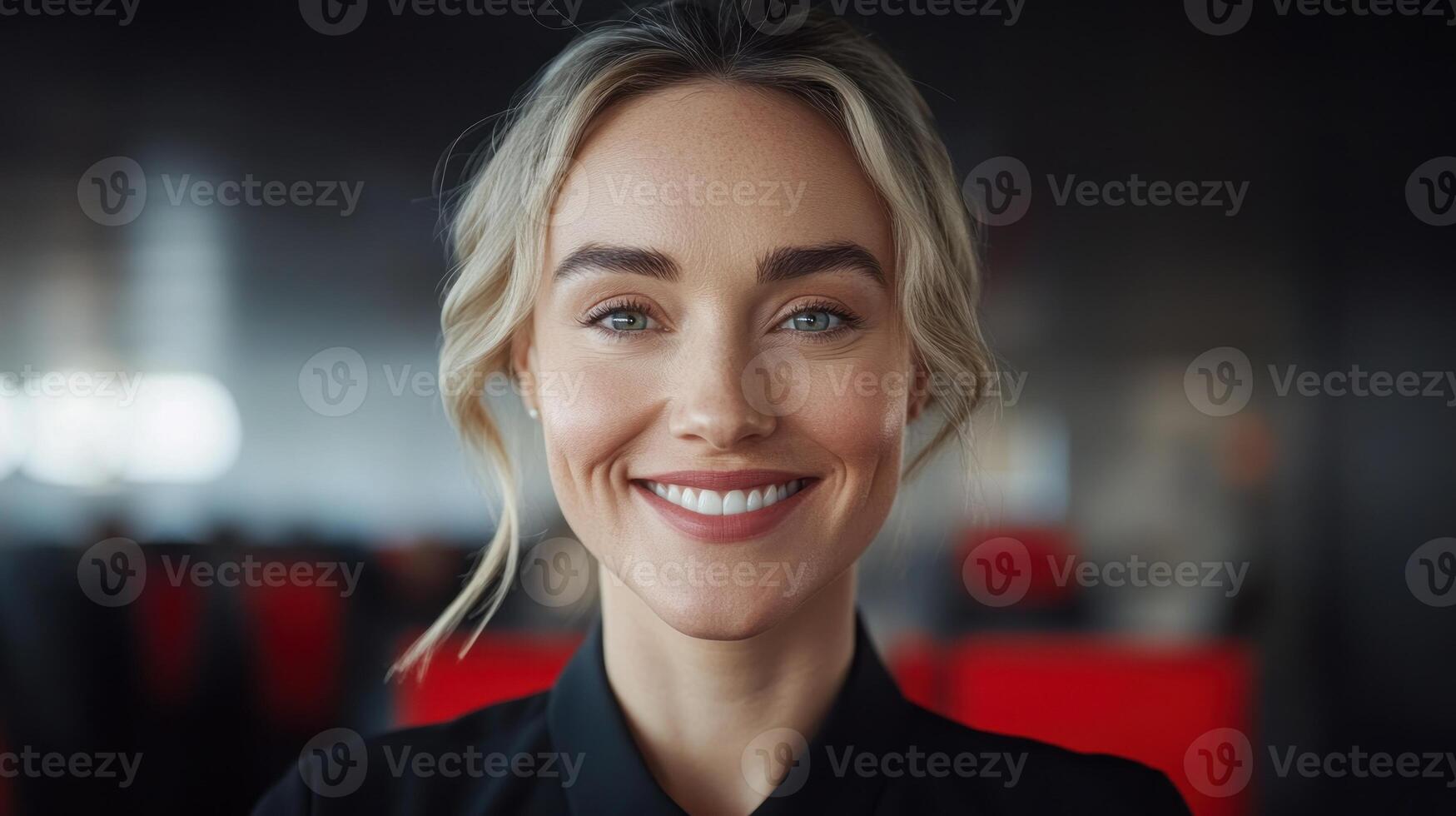 A joyful young woman smiles warmly while standing in a contemporary office environment photo