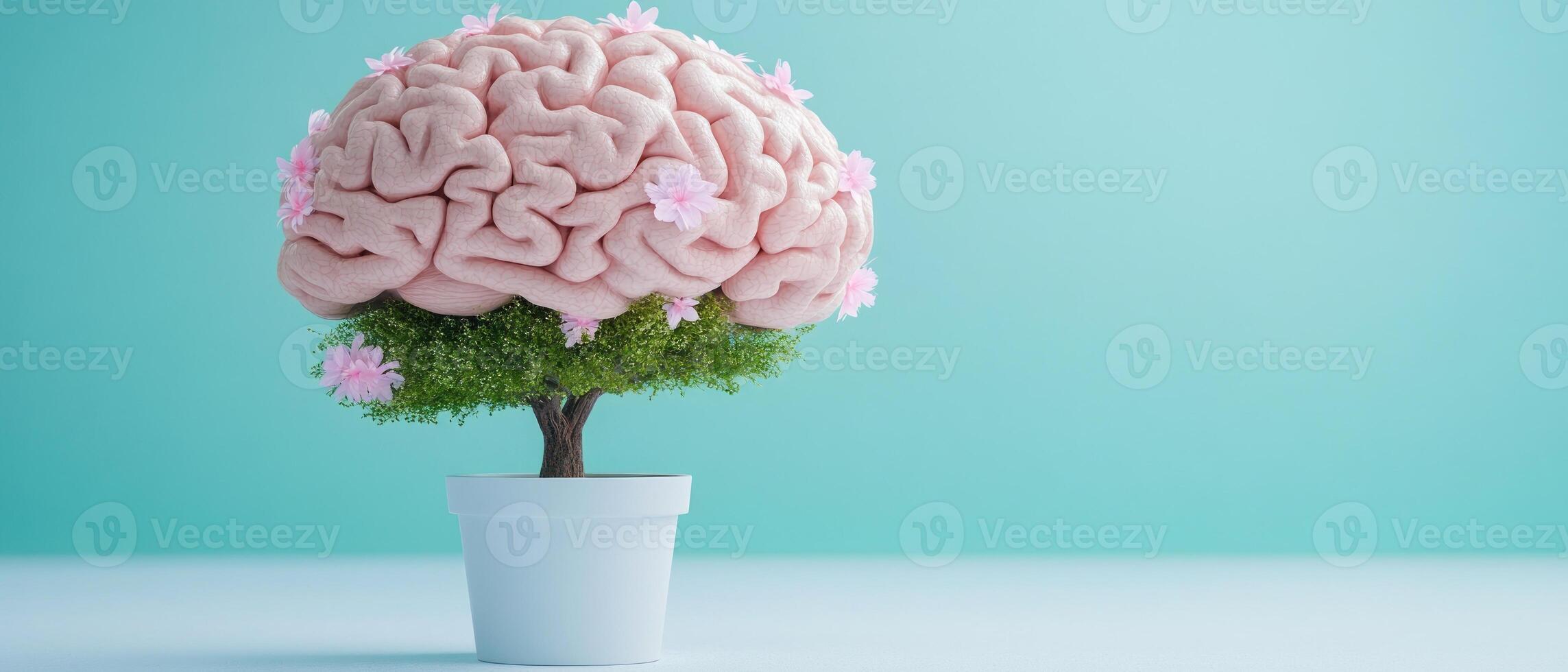 A unique artistic representation of a brain growing on a tree with pink flowers, set against a light turquoise backdrop photo