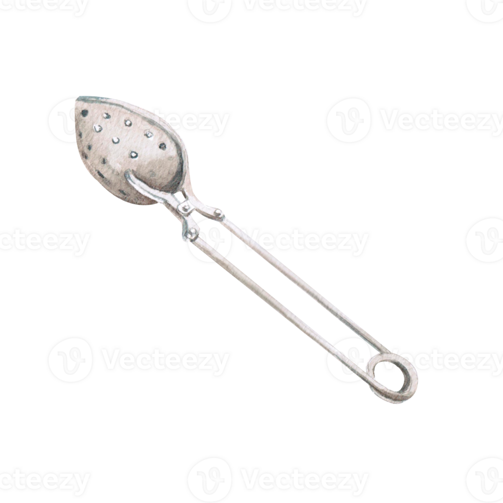 Teapot strainer retro tea spoon in watercolor. Isolated illustration in realistic style for design of menu of restaurants, cafes, tea shops, cookbooks png