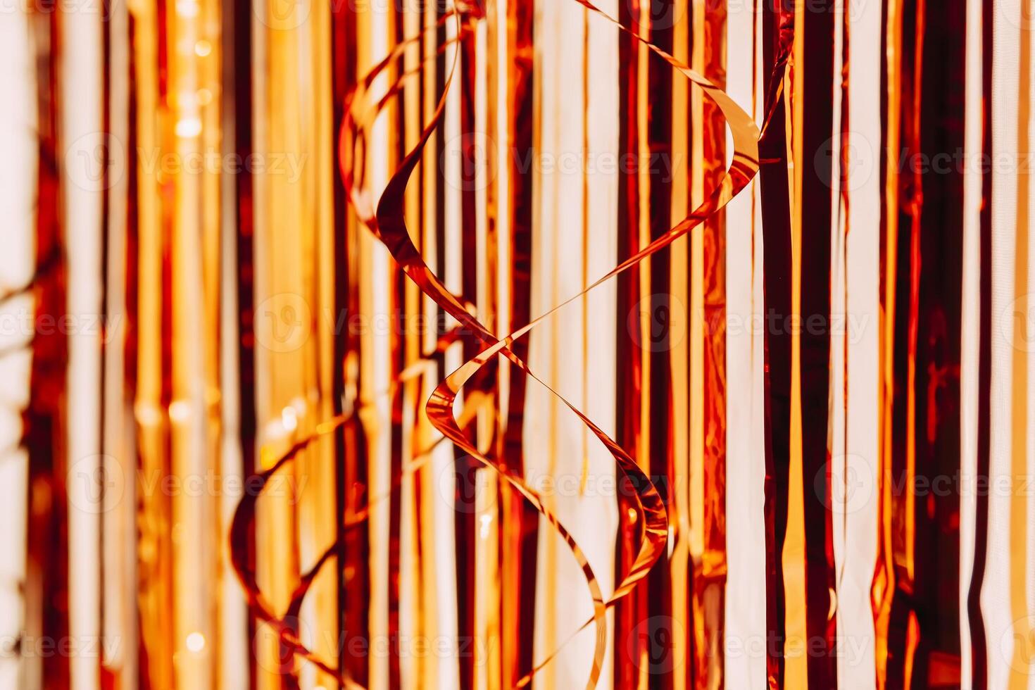 Birthday party decor. Foil curtains and bauble. Cozy home interior decoration for celebration. photo