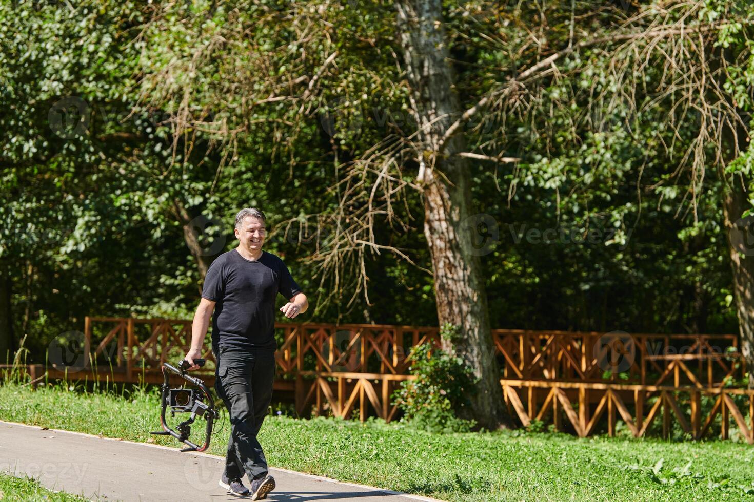After completing a cinematic venture, a skilled videographer, adorned with camera equipment, leisurely strolls through the park, capturing the essence of post-production satisfaction and creative photo