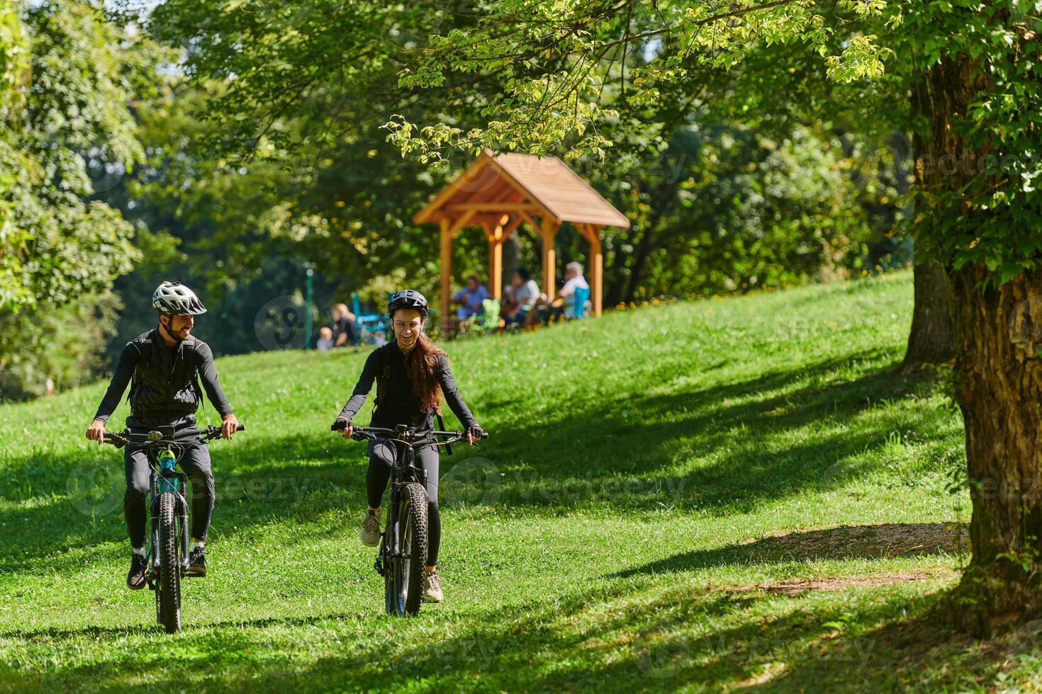A blissful couple, adorned in professional cycling gear, enjoys a romantic bicycle ride through a park, surrounded by modern natural attractions, radiating love and happiness photo