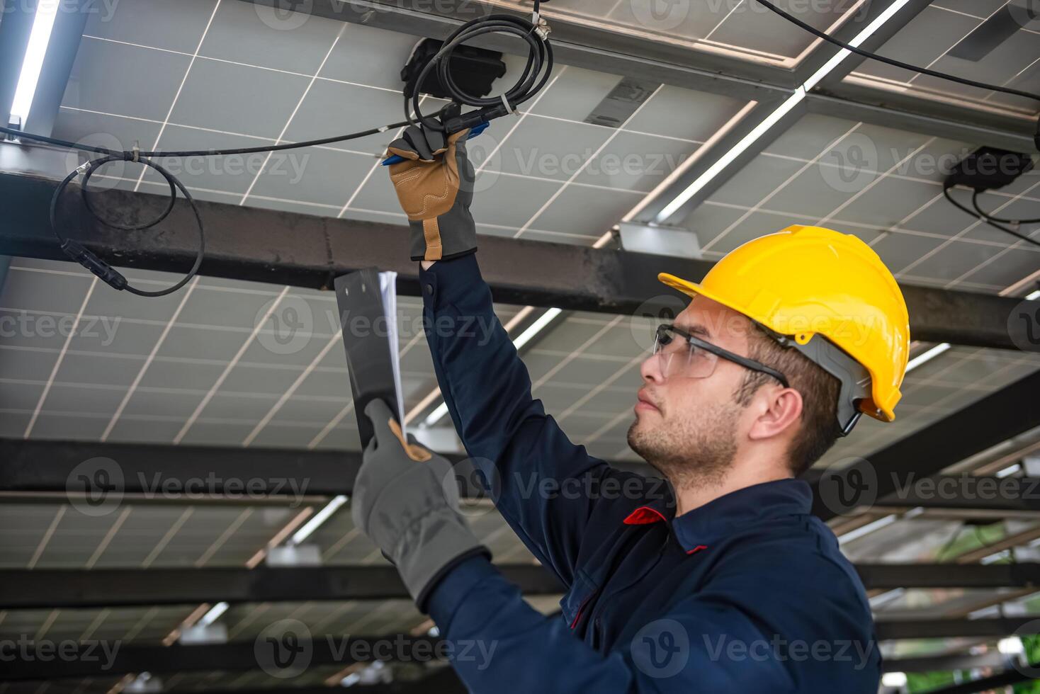 Engineer technical service checking installation solar cell panel photo