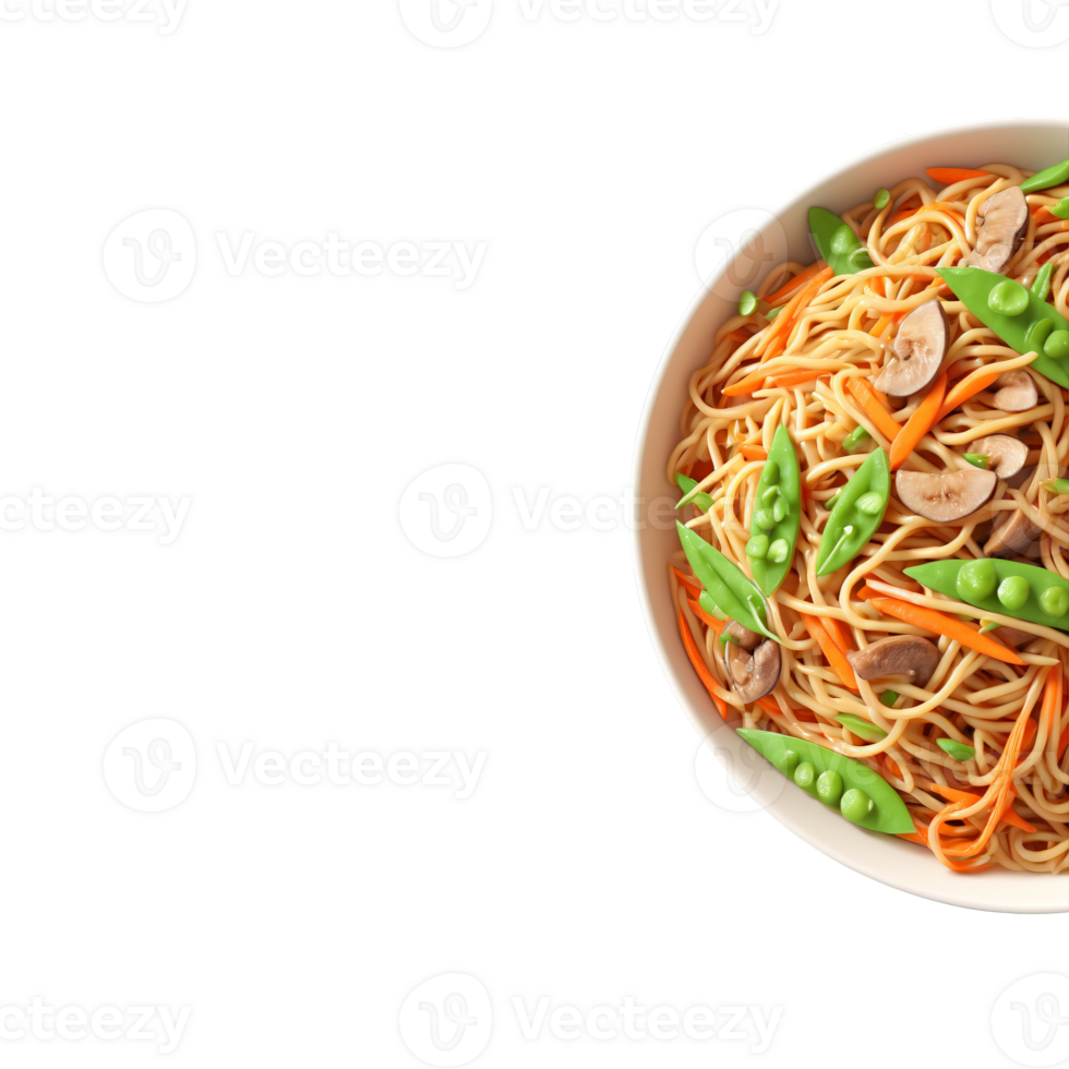 Vegetable lo mein chewy noodles tangled with snow peas carrots and shiitake isolated on transparent png