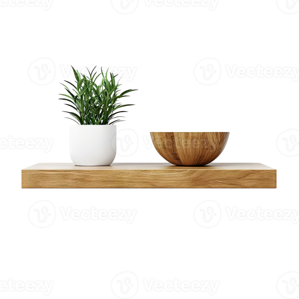 Simple yet Stylish A Wooden Shelf with a Plant and Bowl, a Minimalist Design Element for Any Home. png