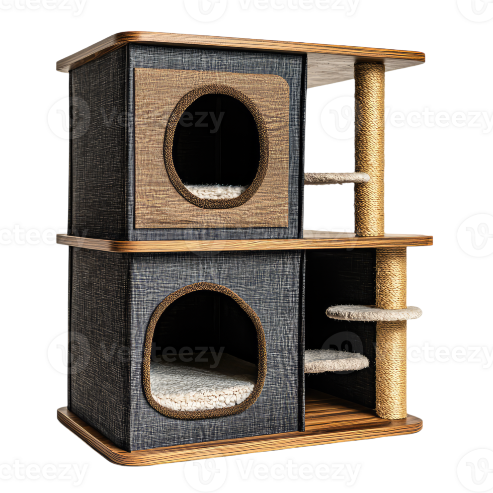 A cat house with two cat beds and a scratching post png