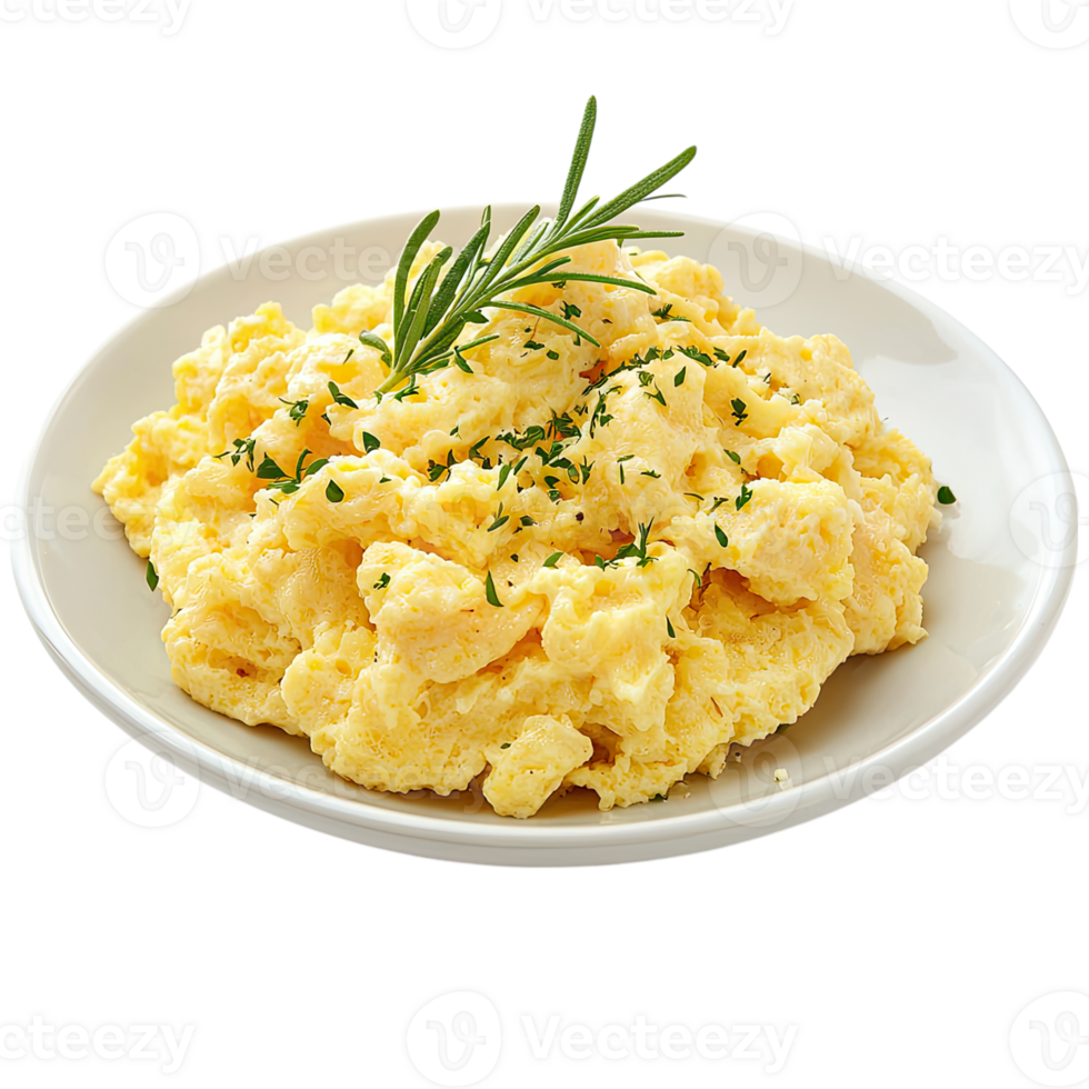 A plate of scrambled eggs with a sprig of rosemary png