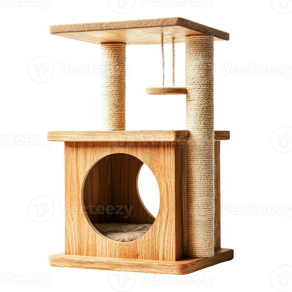 A wooden cat house with a scratching post png