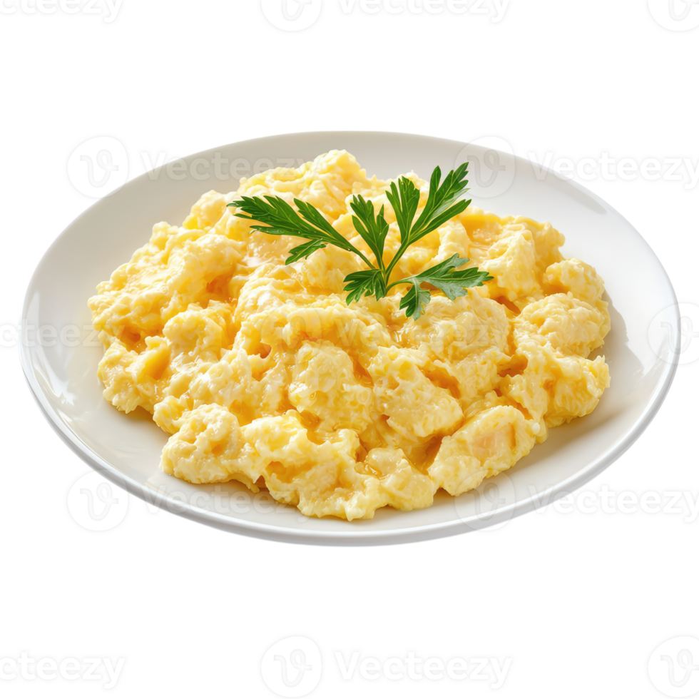 A Simple Yet Satisfying Plate of Scrambled Eggs, Garnished with Fresh Parsley, Ready to Delight Your Taste Buds. png