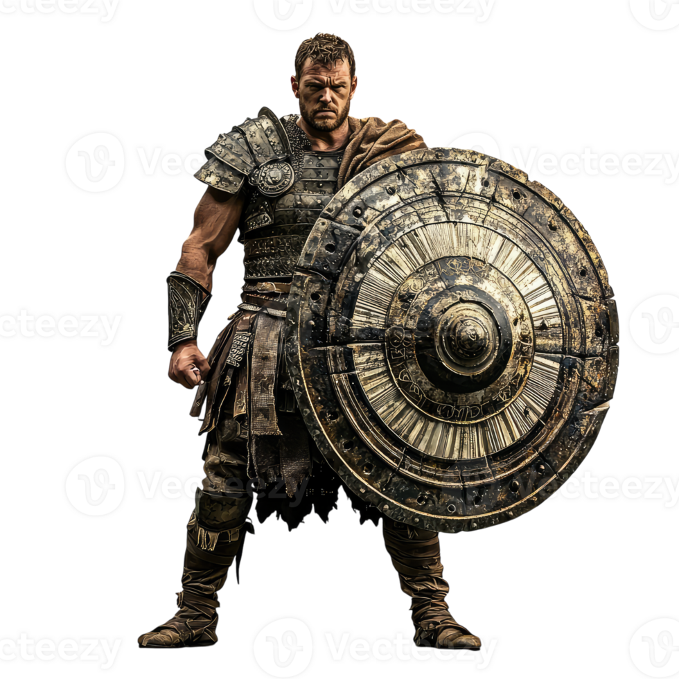A fierce warrior stands defiant, his weathered shield a testament to countless battles, his gaze unwavering, ready to face any challenge. png