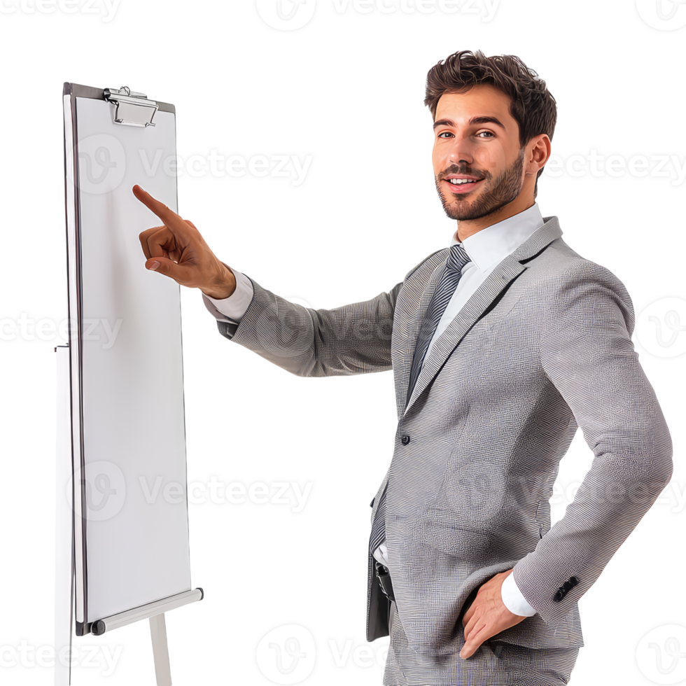 A man in a suit is pointing at a whiteboard png