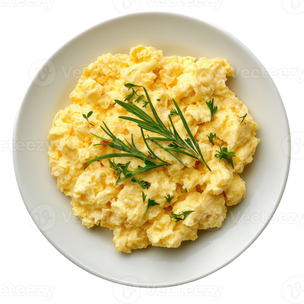 A plate of fluffy scrambled eggs garnished with fresh herbs, a simple yet satisfying culinary delight. png