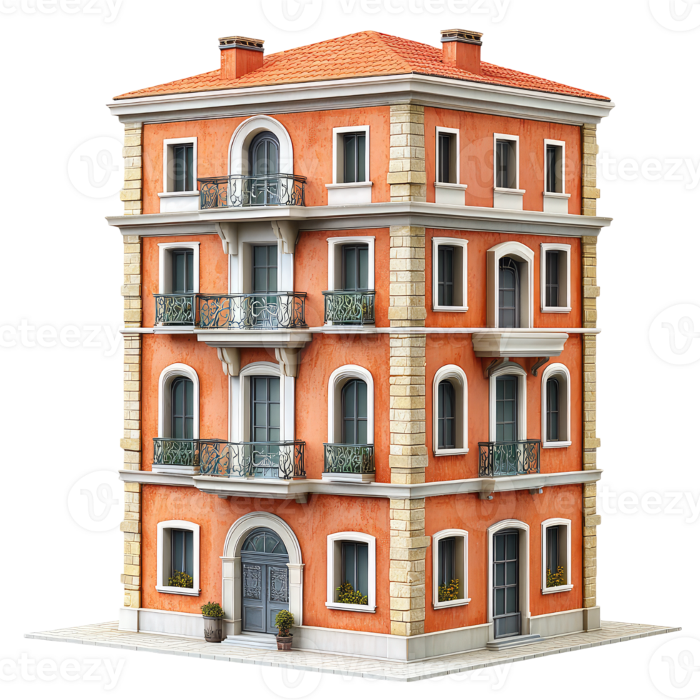 uma encantador Mediterrâneo construção com terracota fachada, arqueado janelas, varandas, e uma lado a lado teto. png