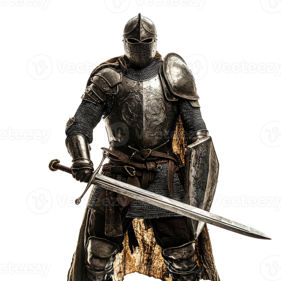 un' stoico cavaliere pronto per battaglia, rivestito nel scintillante armatura, Tenere un' spada lunga e scudo. png
