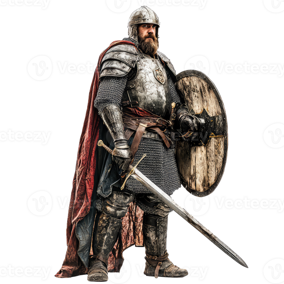 A Medieval Warrior Stands Ready, Clad in Armor, Sword Drawn, Shield at His Side. The Image Captures the Spirit of Chivalry and Valor. png