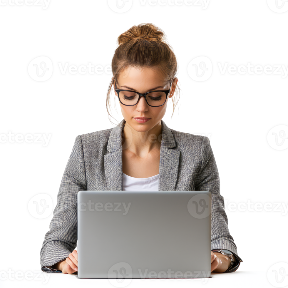 A businesswoman, focused and engrossed, works diligently on her laptop, her gaze fixed on the screen. A professional portrait. png