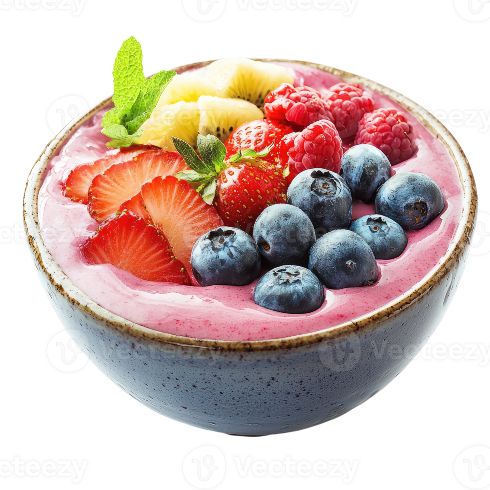 A vibrant smoothie bowl overflowing with fresh strawberries, blueberries, raspberries, kiwi, and a touch of mint. png