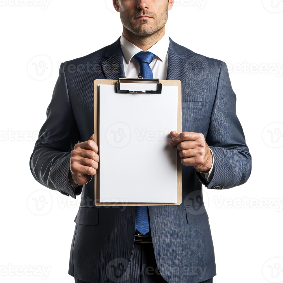 A businessman confidently holds a clipboard with a blank white sheet, ready for your message. png