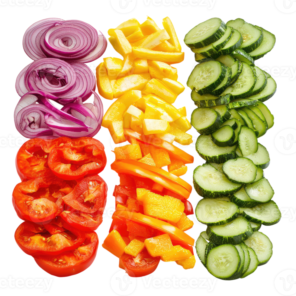 A Vibrant Symphony of Chopped Veggies Red Onion, Tomato, Bell Pepper, and Cucumber in a Colorful Display. png