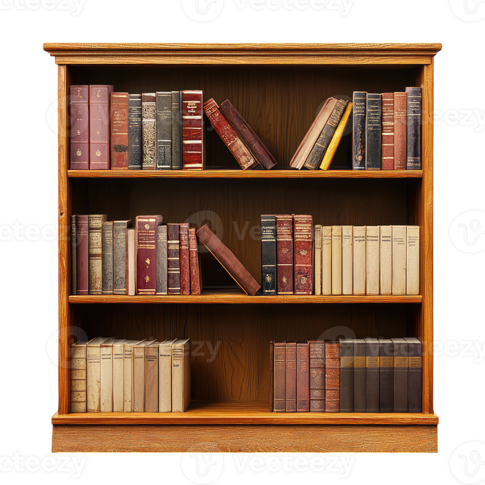 A WellLoved Library A Wooden Bookshelf Overflowing with Vintage Books, Each Spine Telling a Story of Years Past. png