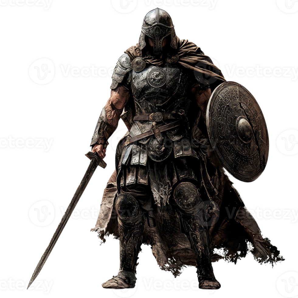 A warrior of old, clad in armor, stands defiant against a backdrop of time. His sword held high, he faces the unknown, ready to fight for glory and honor. png
