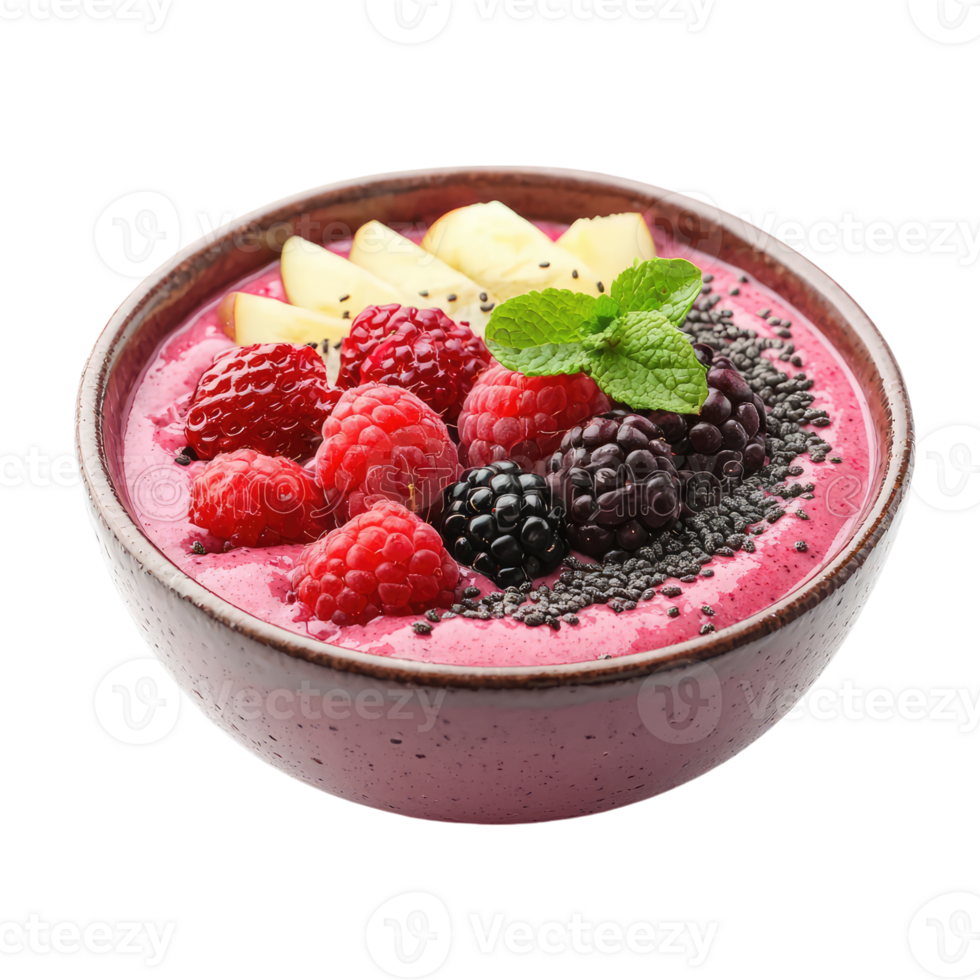 A Vibrant Berry Smoothie Bowl Topped with Fresh Fruit, A Mint Garnish, and Black Seeds. png