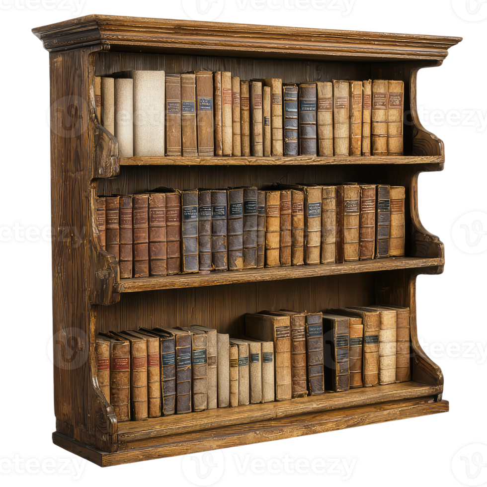 A Timeless Collection A vintage wooden bookcase overflowing with aged leatherbound books, each a testament to the enduring power of knowledge. png