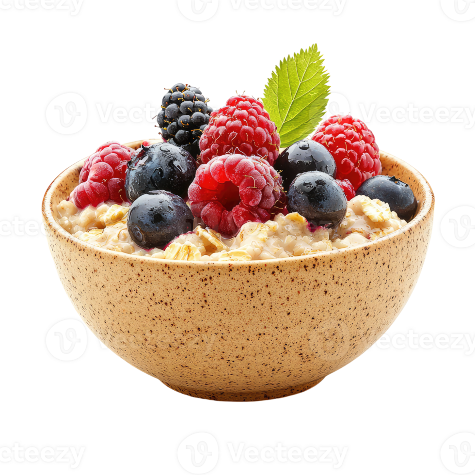 Start your day with a bowl of creamy oatmeal topped with fresh raspberries, blueberries, and blackberries. png