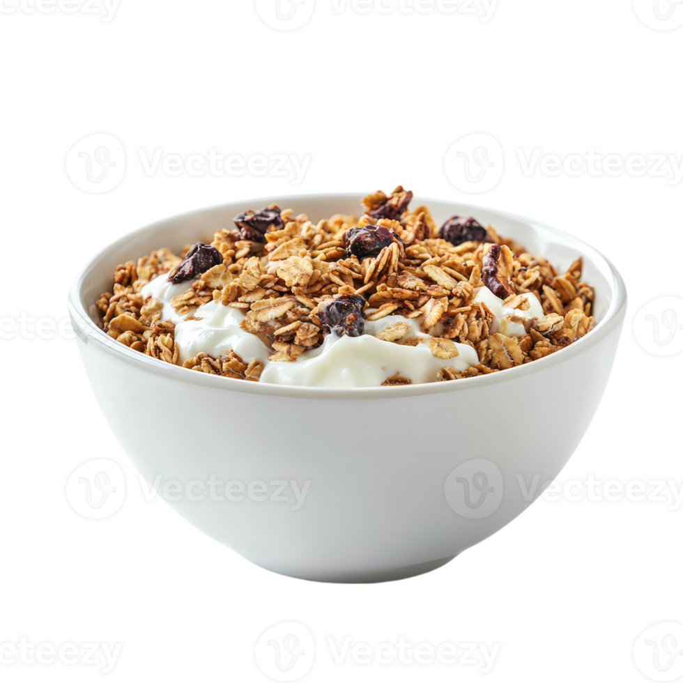 A CloseUp of a White Bowl Filled with Crunchy Granola and Creamy Yogurt, Perfect for a Healthy Breakfast or Snack. png
