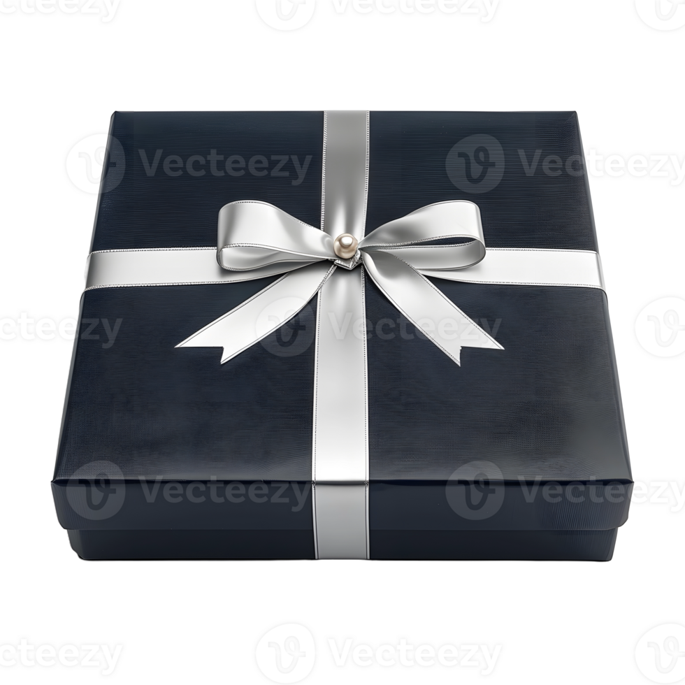 A dark blue gift box with silver ribbon front png