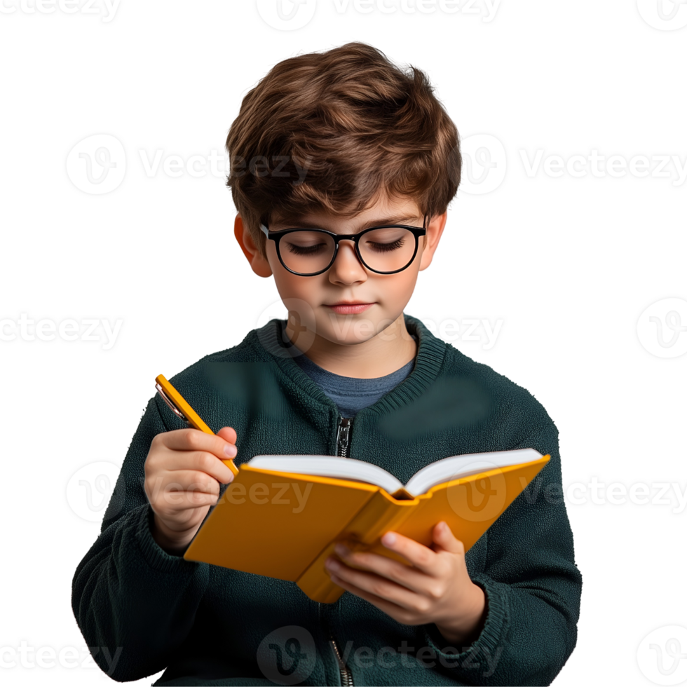 a young boy wearing glasses is holding a book and writing png