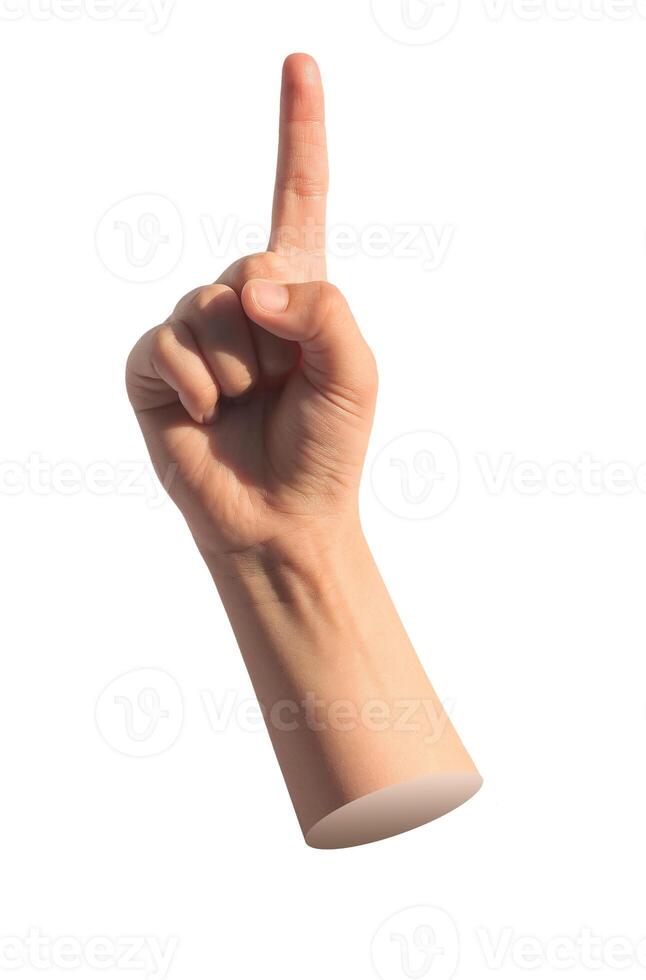 Index finger pointing up, kids pointer, forefinger showing, isolated on white background photo