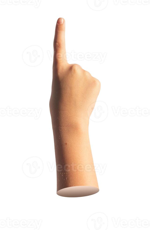 Index finger pointing up, kids pointer, forefinger showing, isolated on white background. photo