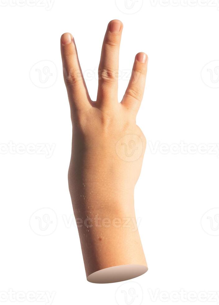 Three, 3 number, hand gesture, sign. isolated on white background photo