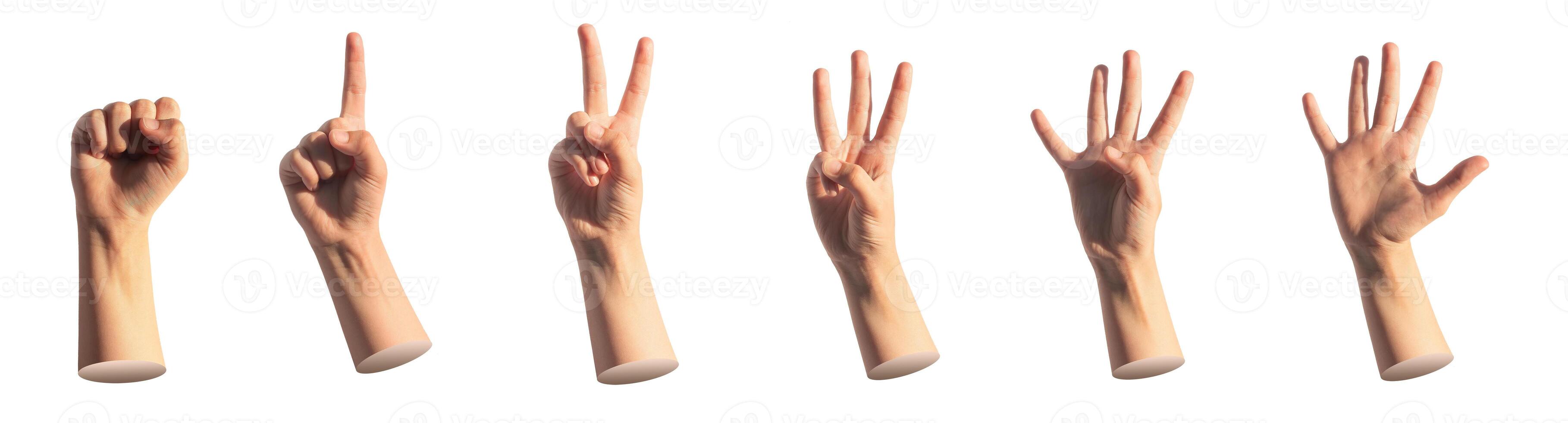 Kids hand counting fingers. zero, one, two, three, four, five, numbers isolated. Gestures for photo