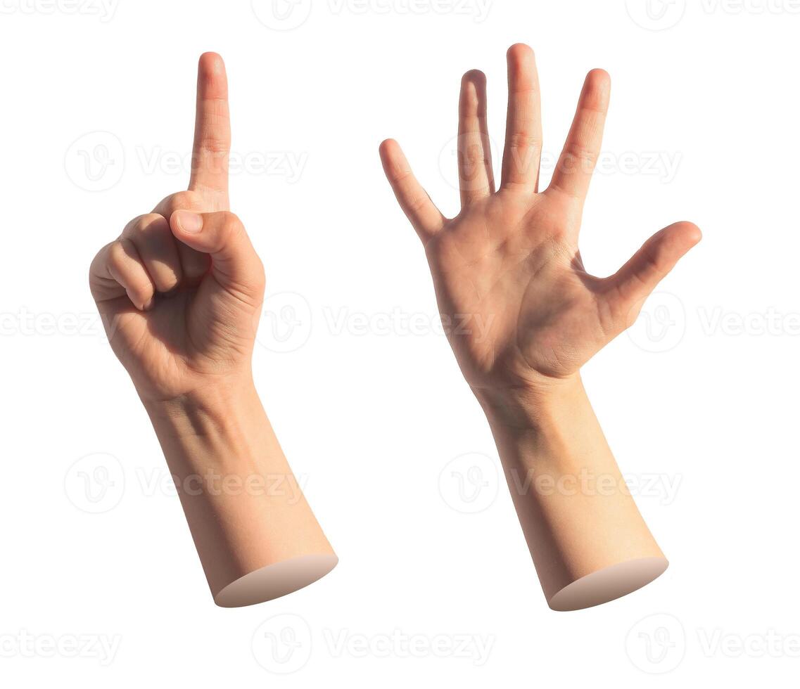 Kids hand counting one and five with fingers isolated. Gestures for quantity, white background photo